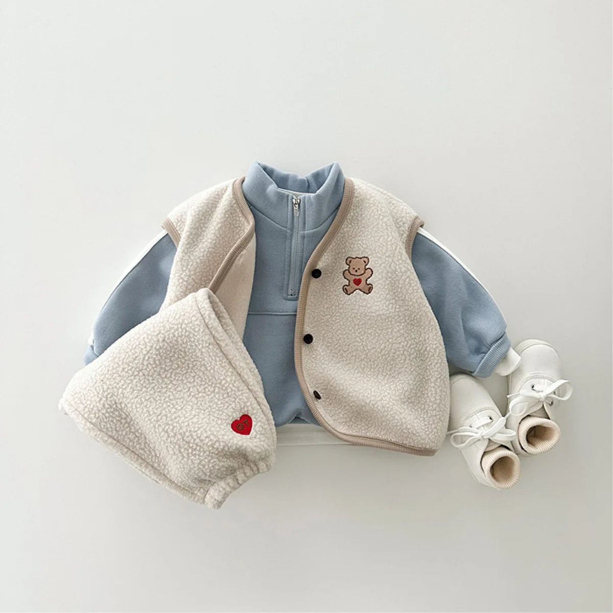 Cartoon Bear Fleece Vest & Pants Set