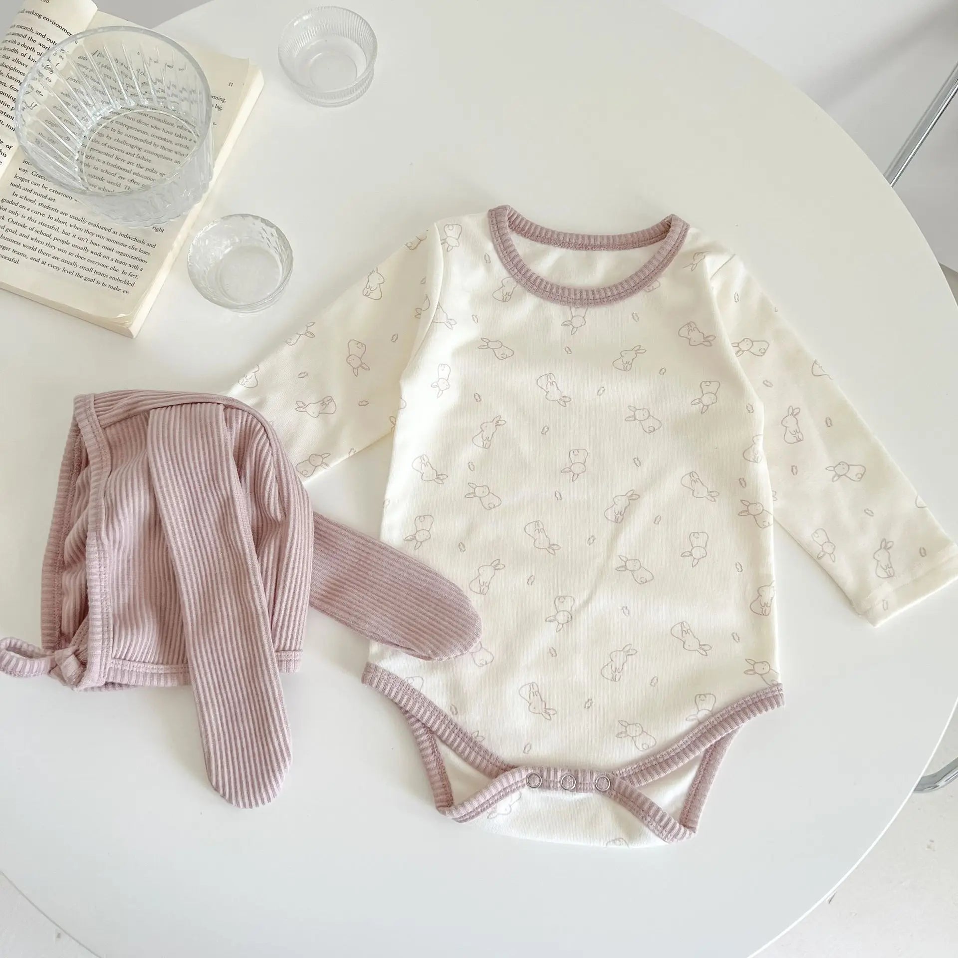 Long-Sleeved Print Romper & Bunny Ear Hat Set