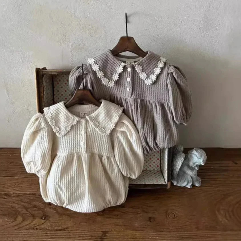 Girls Solid and Stylish Lace-Collar Romper