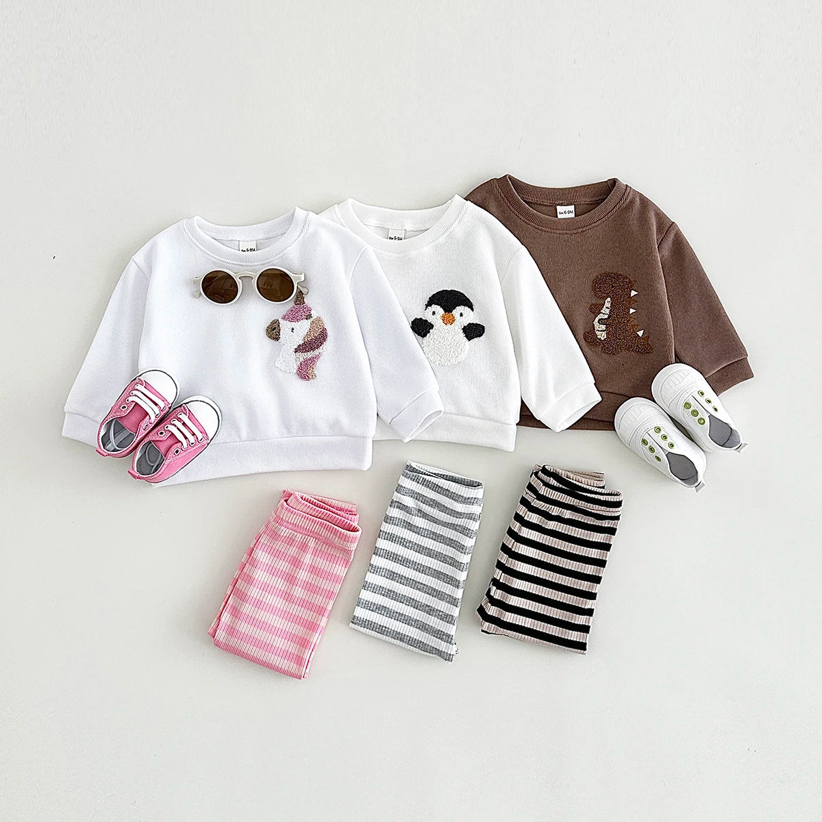 Embroidered Animal Print Top  & Stripped Leggings Set
