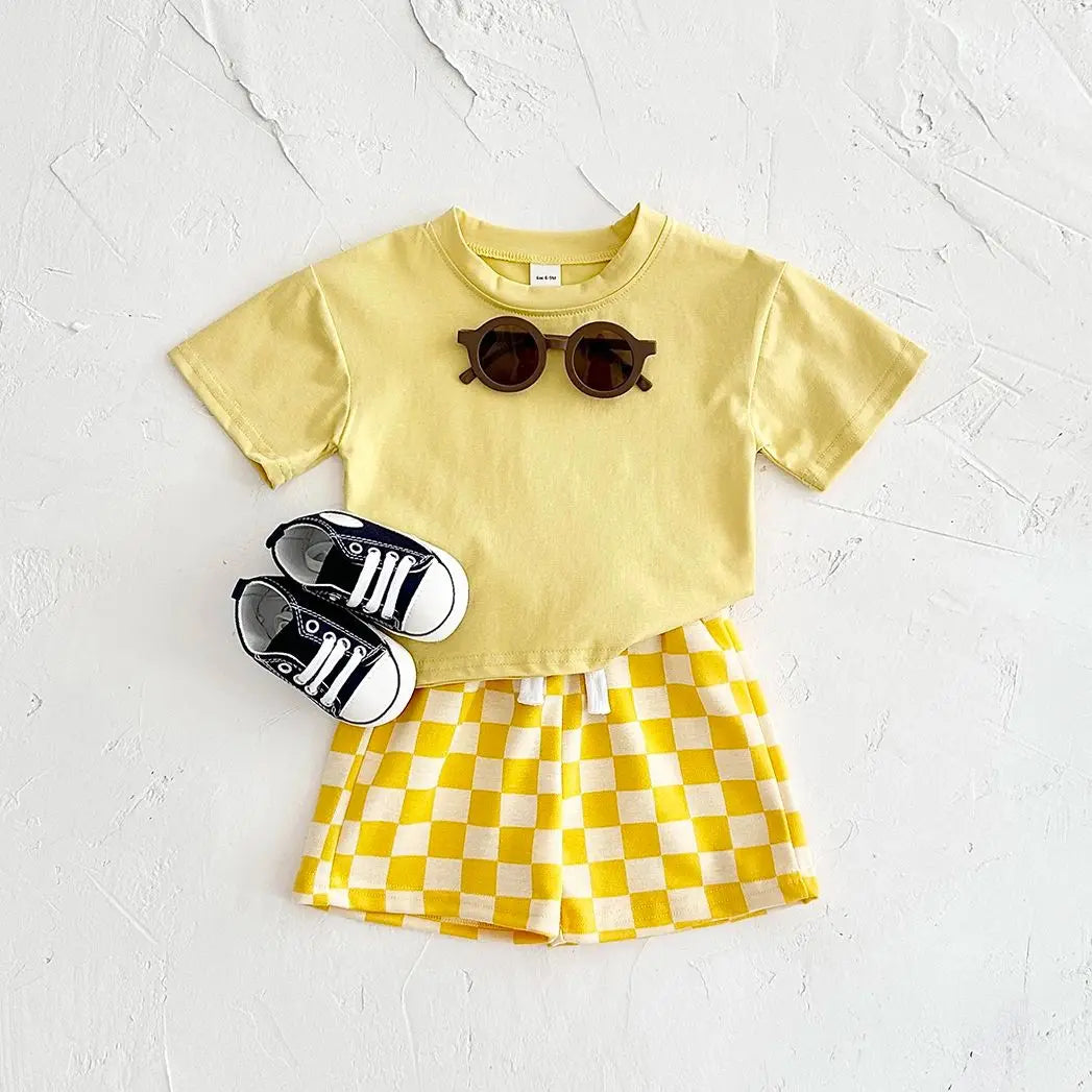 Solid Tee & Checkered Shorts Set