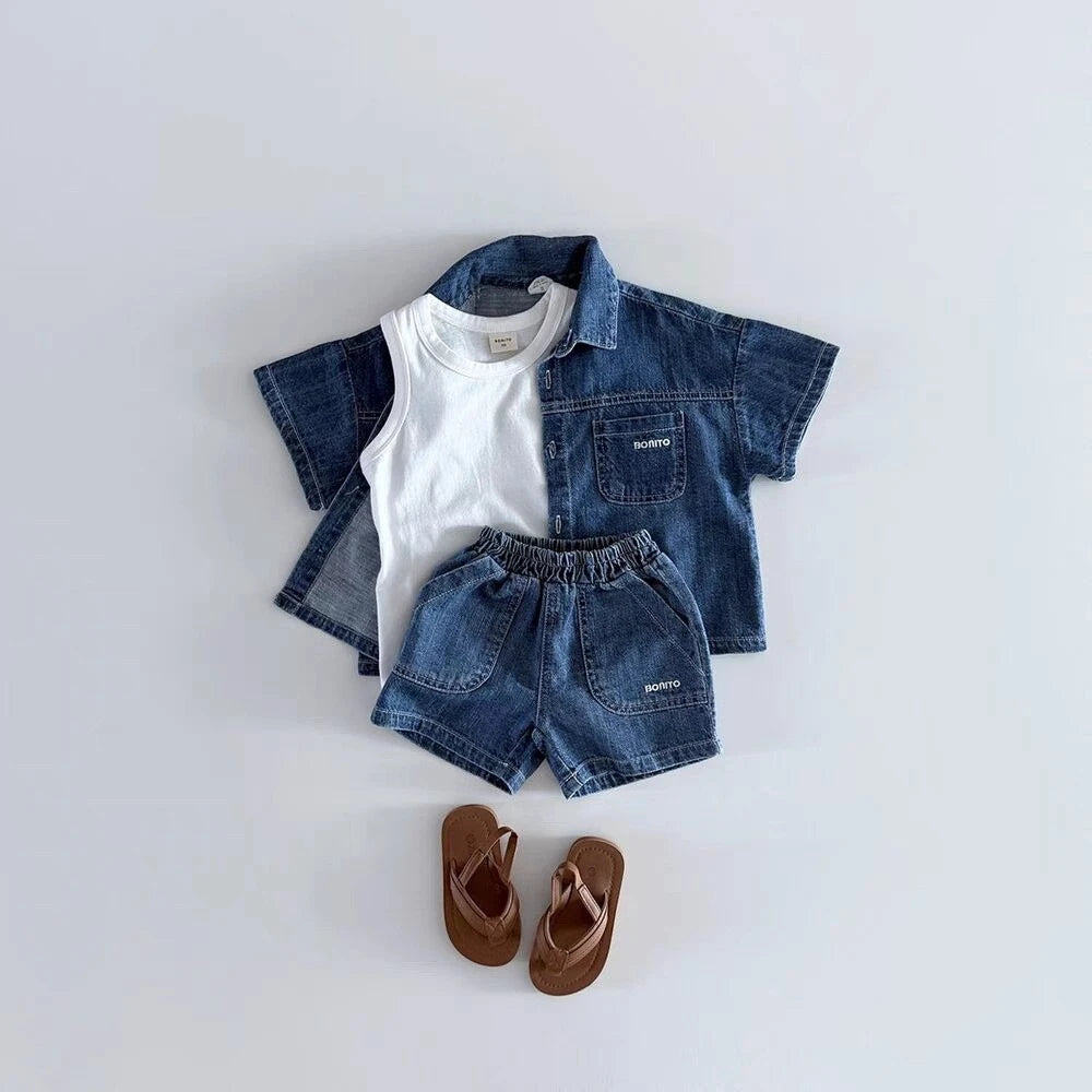 Short-Sleeve Denim Two-Piece Set