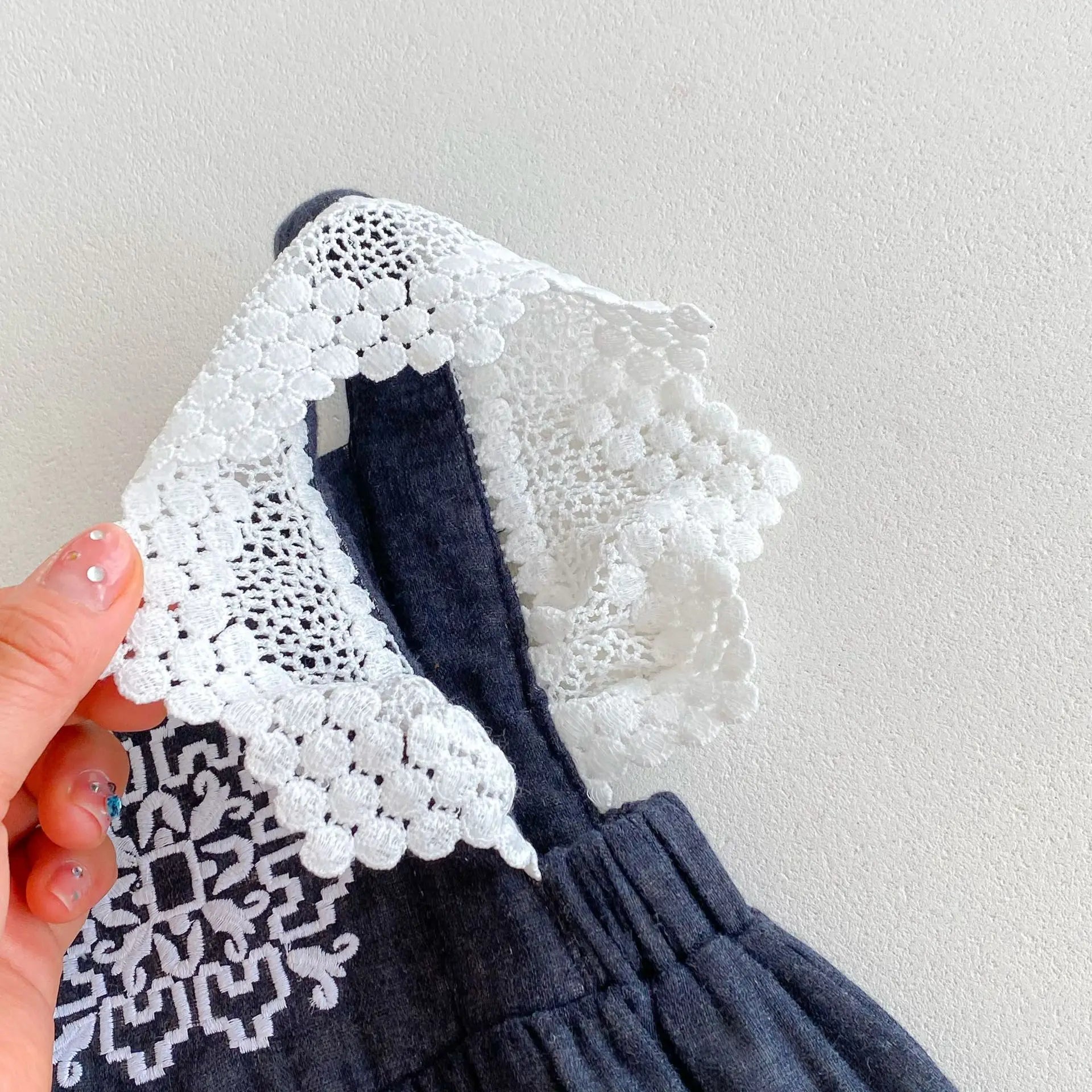Embroidered Print Square Collar Romper & Dress Set