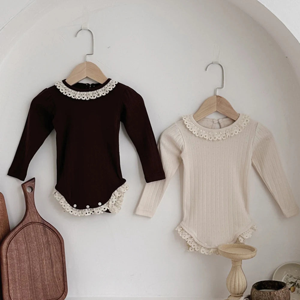 Lace Collar Ribbed Hollow Out Onesie