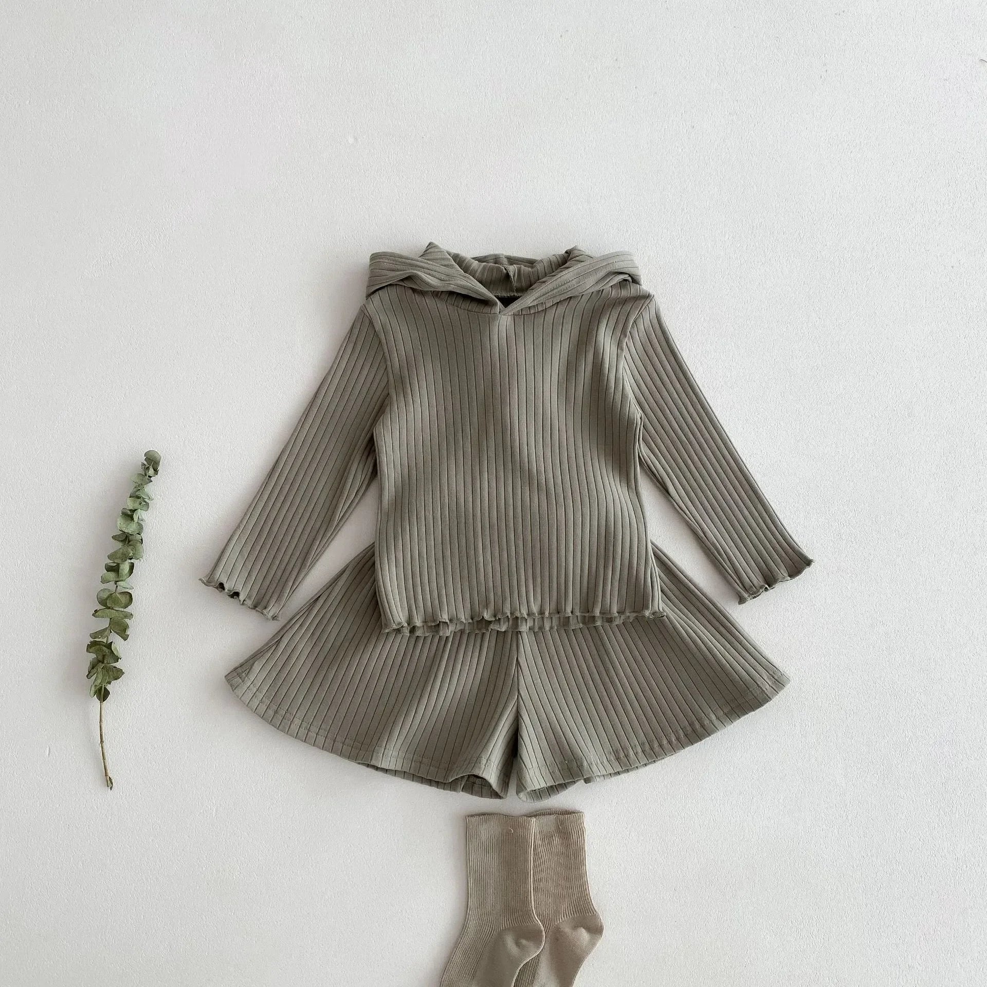 Long-Sleeved Solid Top Hoodie Top & Shorts Sets