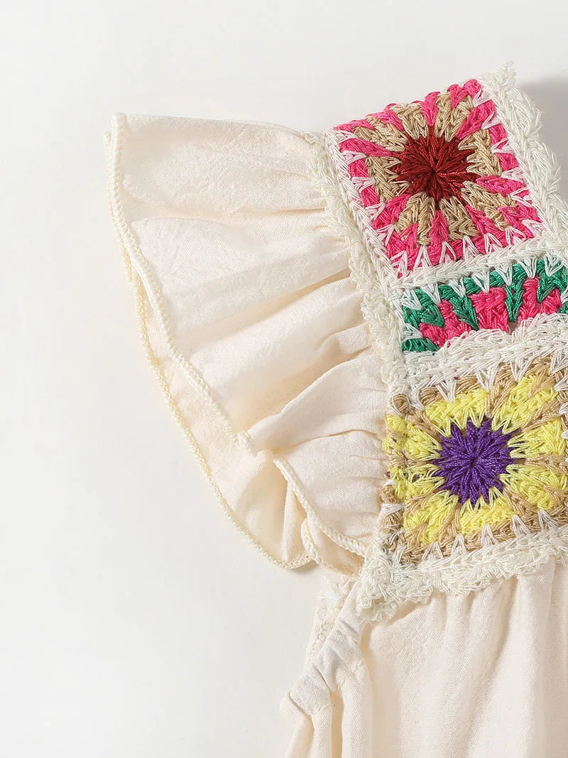 Colorful Embroidered Square-Collar Onesie