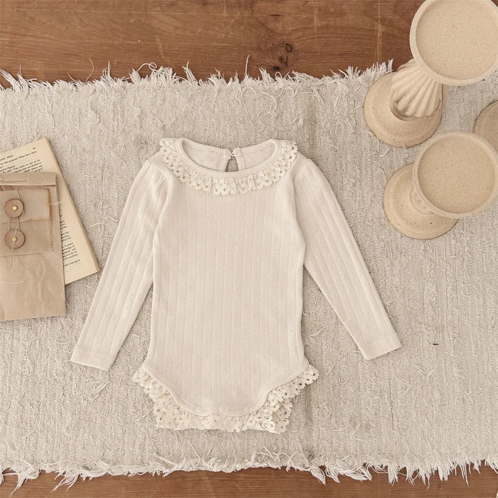 Lace Collar Ribbed Hollow Out Onesie