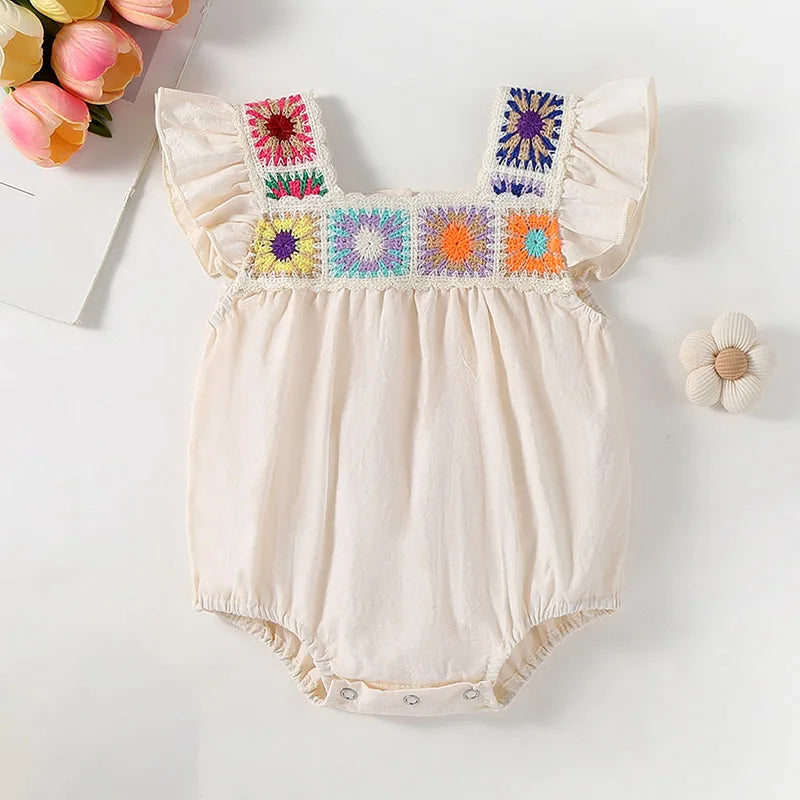 Colorful Embroidered Square-Collar Onesie