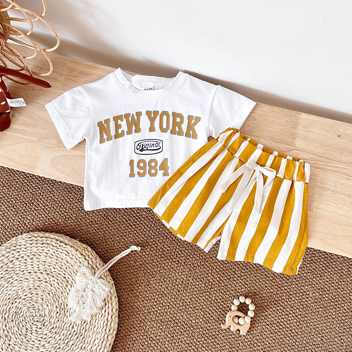 'NEW YORK' Casual Tee & Striped Shorts Set