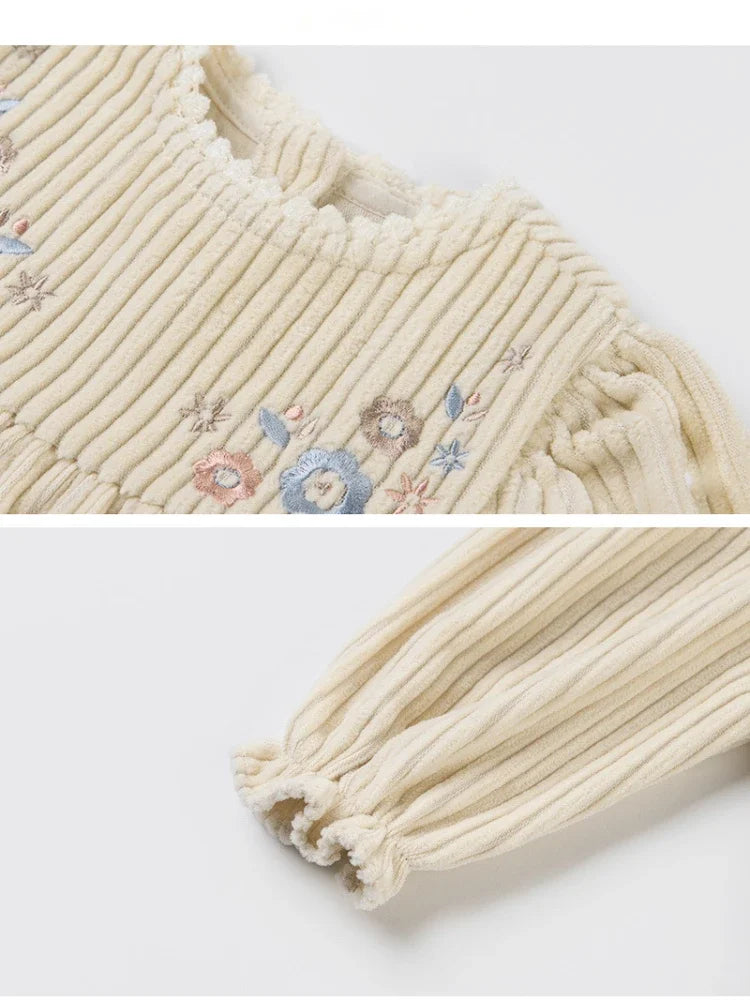 Corduroy Embroidered Long-sleeved Princess Dress