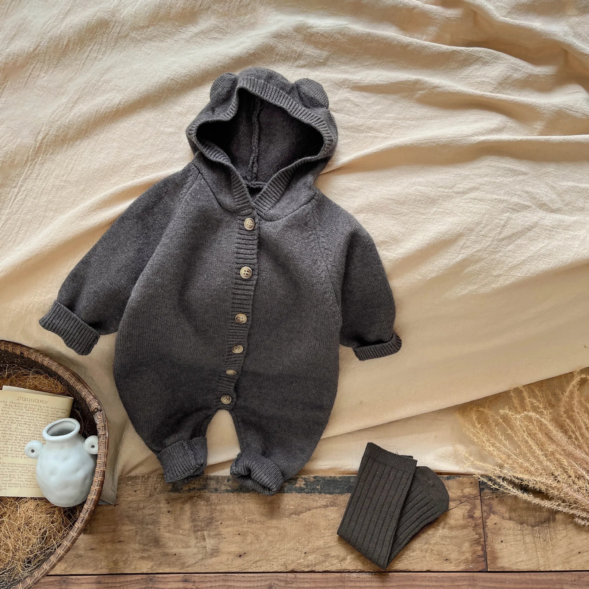 Knitted Rabbit Ear Hooded Romper