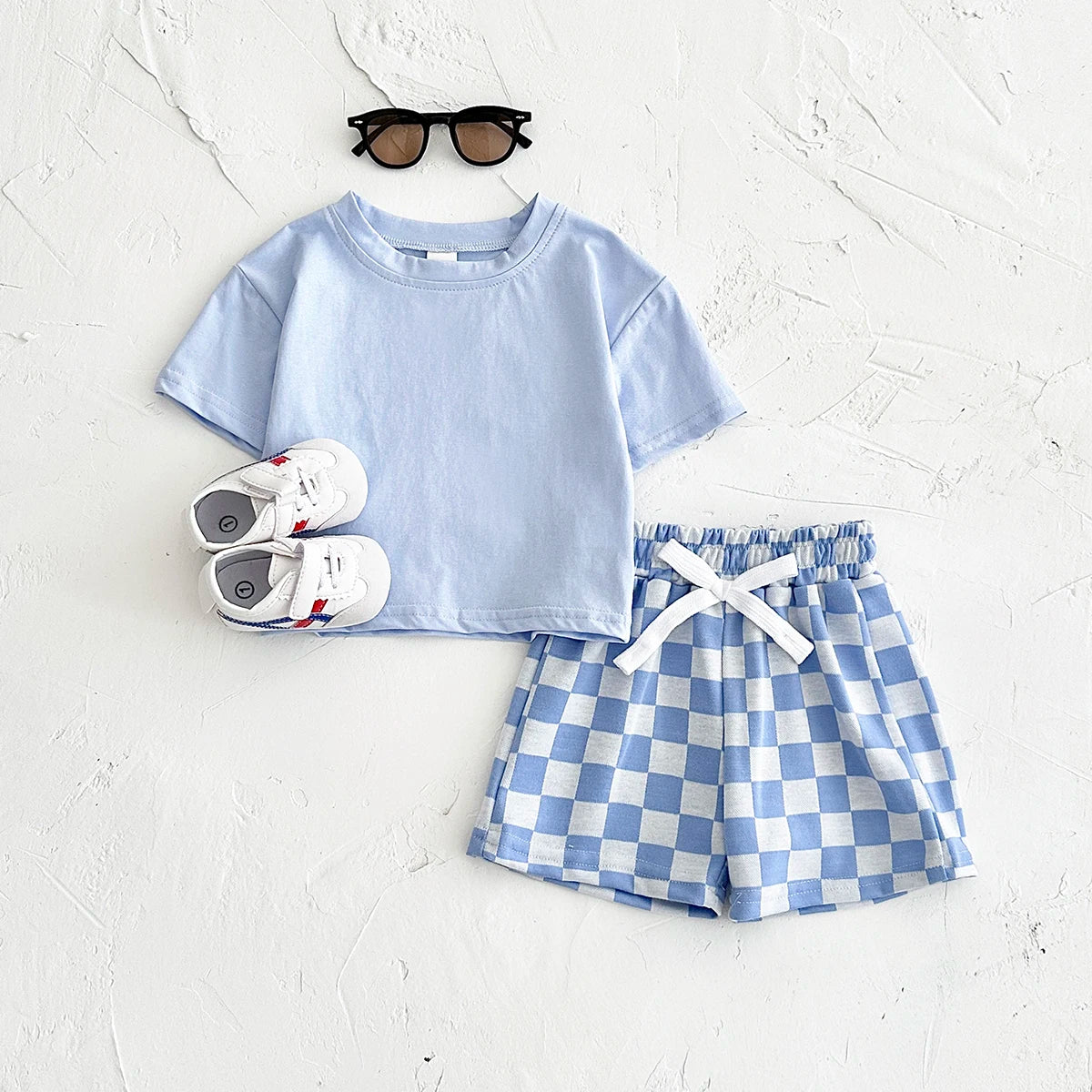 Solid Tee & Checkered Shorts Set