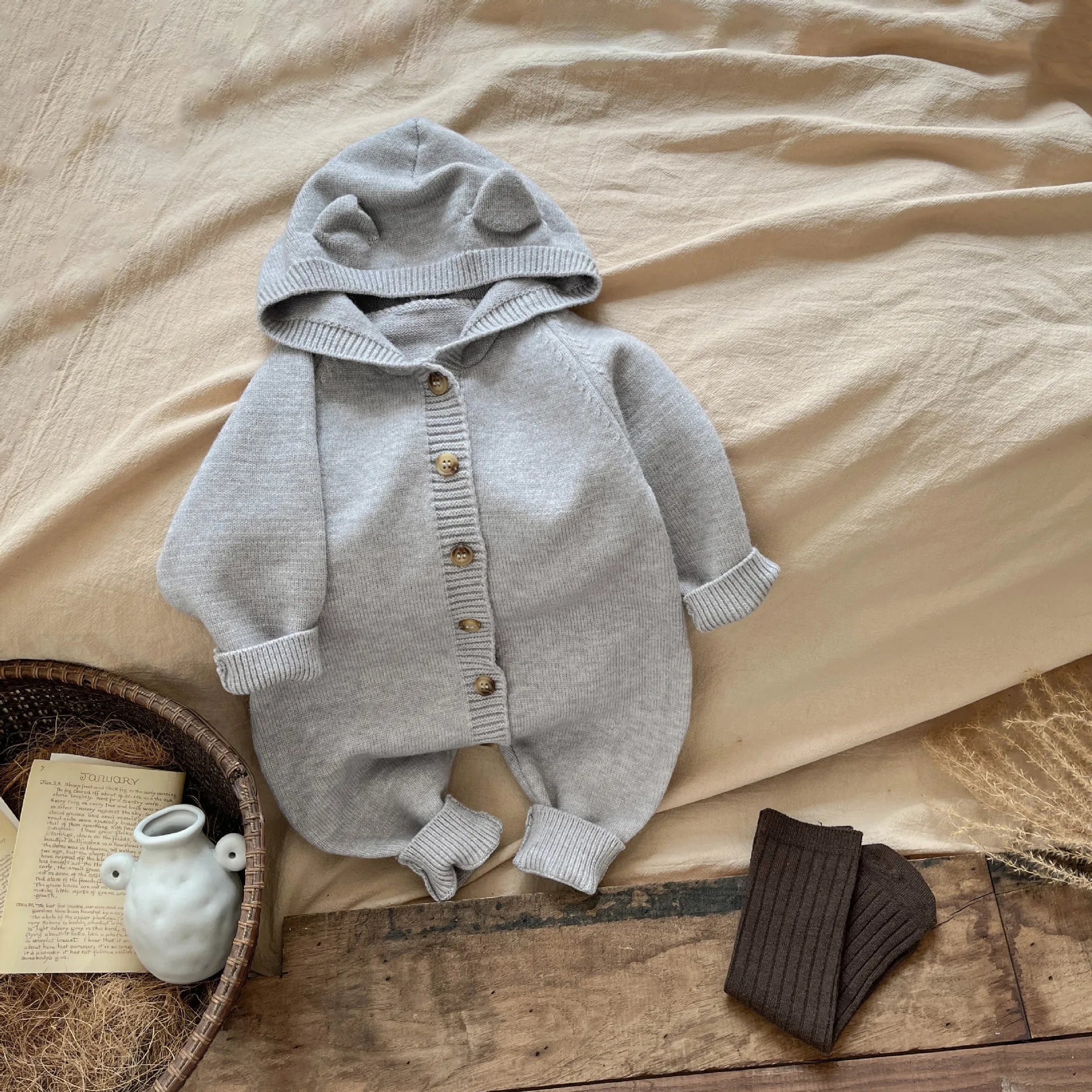 Knitted Rabbit Ear Hooded Romper