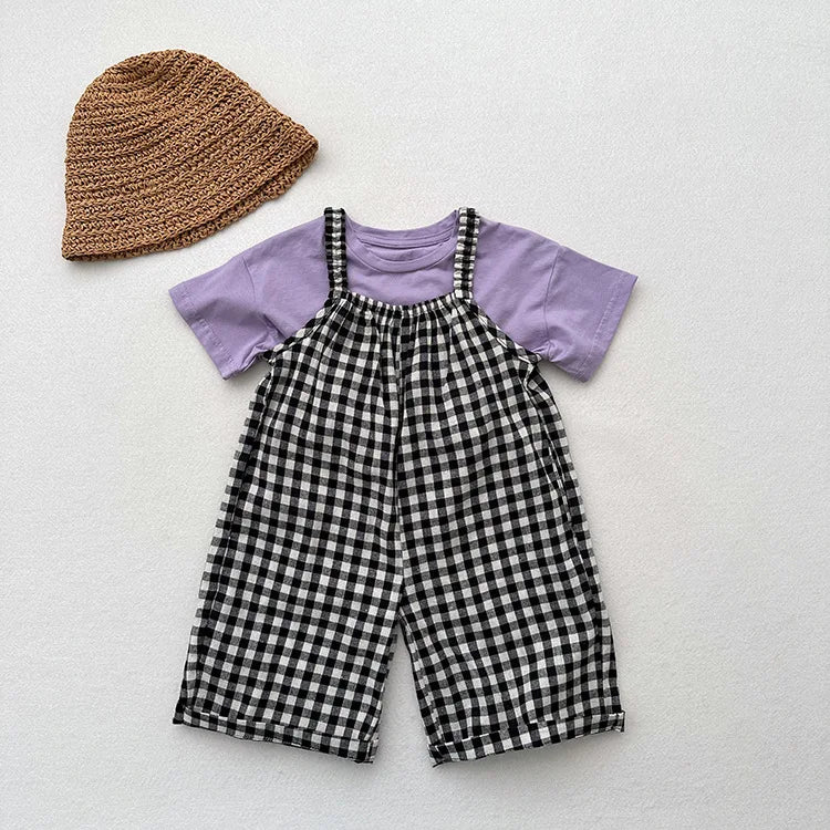 Girls' Plaid Wide-Leg Overalls
