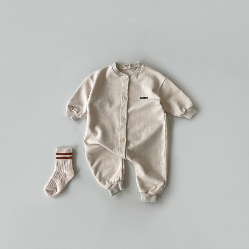 Solid Long-Sleeved Cotton Romper