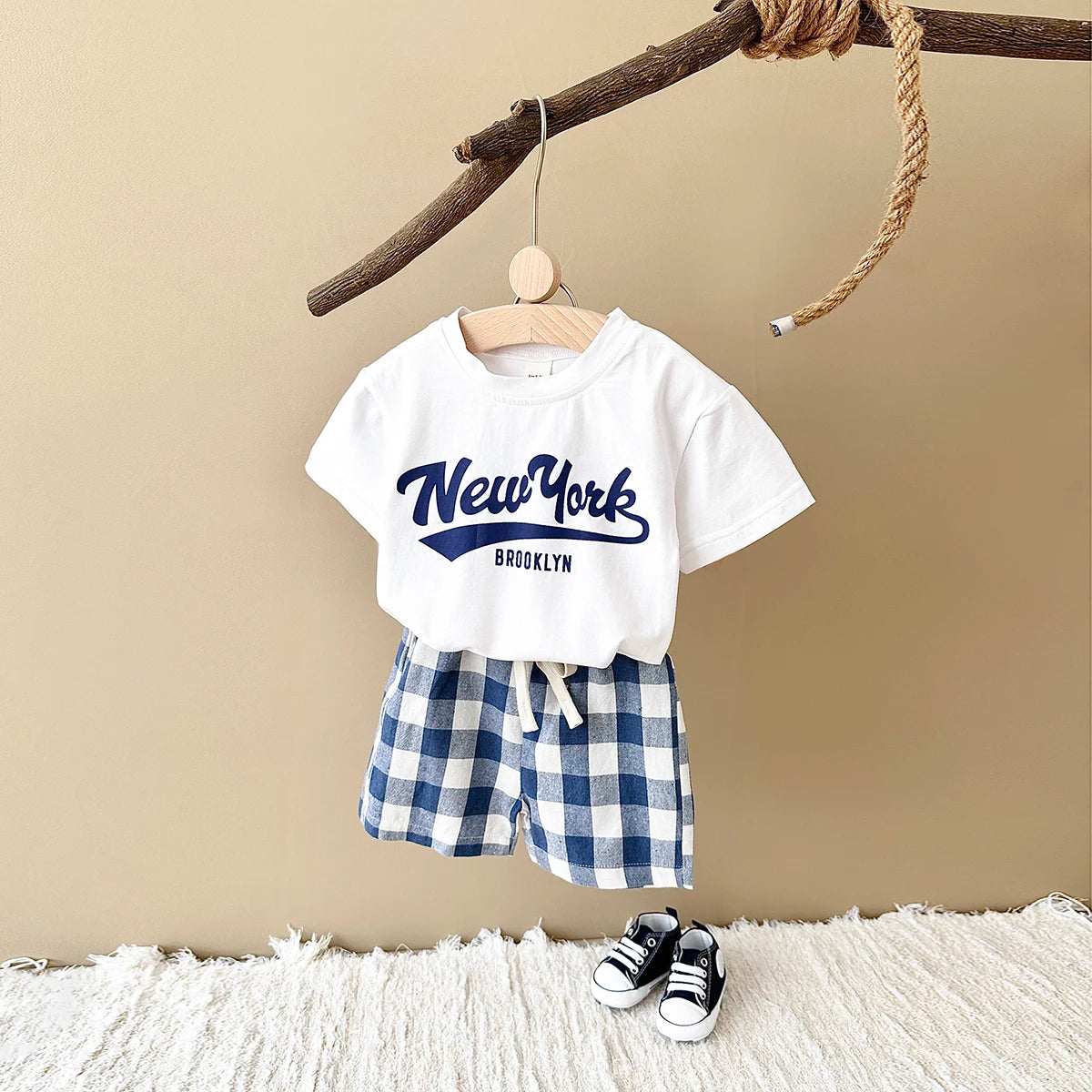 New York Short Sleeved Tee & Checkered Shorts Set