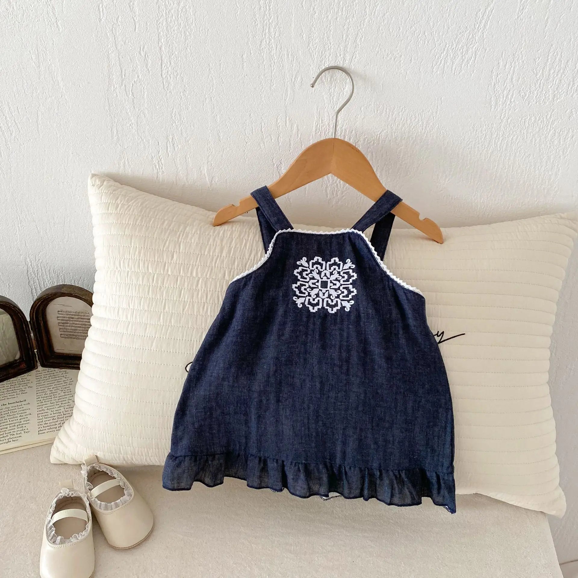 Embroidered Print Square Collar Romper & Dress Set