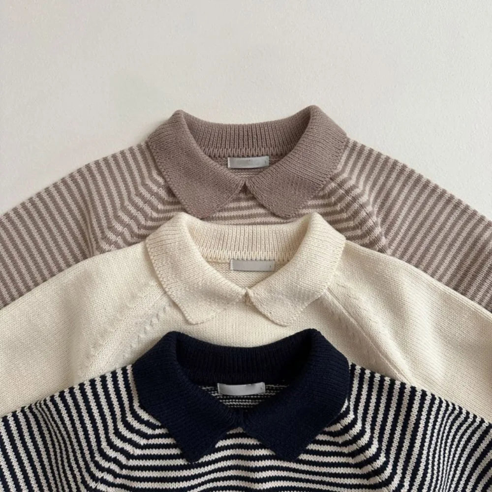 Lapel Striped Knit Sweater