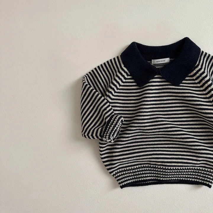 Lapel Striped Knit Sweater