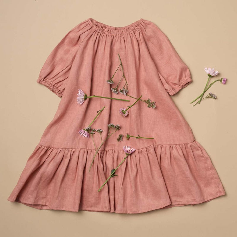 Girls' Casual Cotton-Linen A-Line Dress with Ruffles