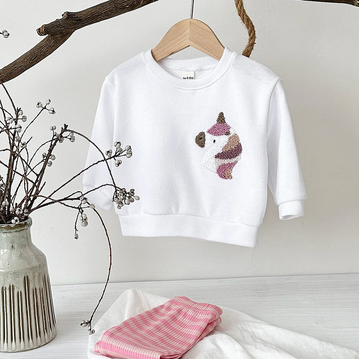 Embroidered Animal Print Top  & Stripped Leggings Set