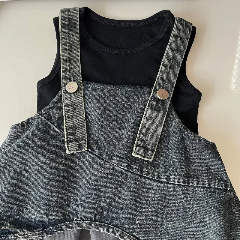 Girls' Sleeveless T-shirt & Denim Mesh Dress Set