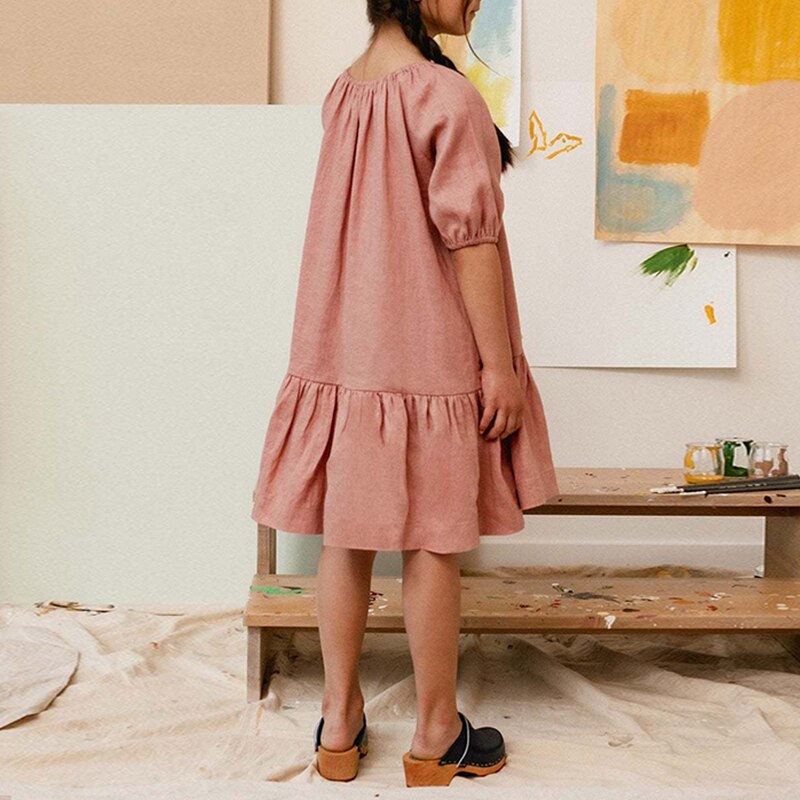 Girls' Casual Cotton-Linen A-Line Dress with Ruffles Girls' Casual Cotton-Linen A-Line Dress with Ruffles