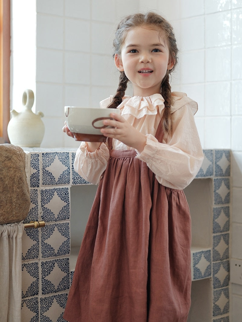 Long-Sleeved Lotus Collar Blouse & Overalls Dress