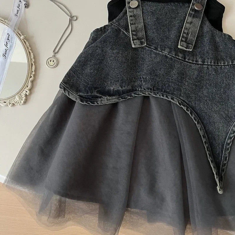 Girls' Sleeveless T-shirt & Denim Mesh Dress Set