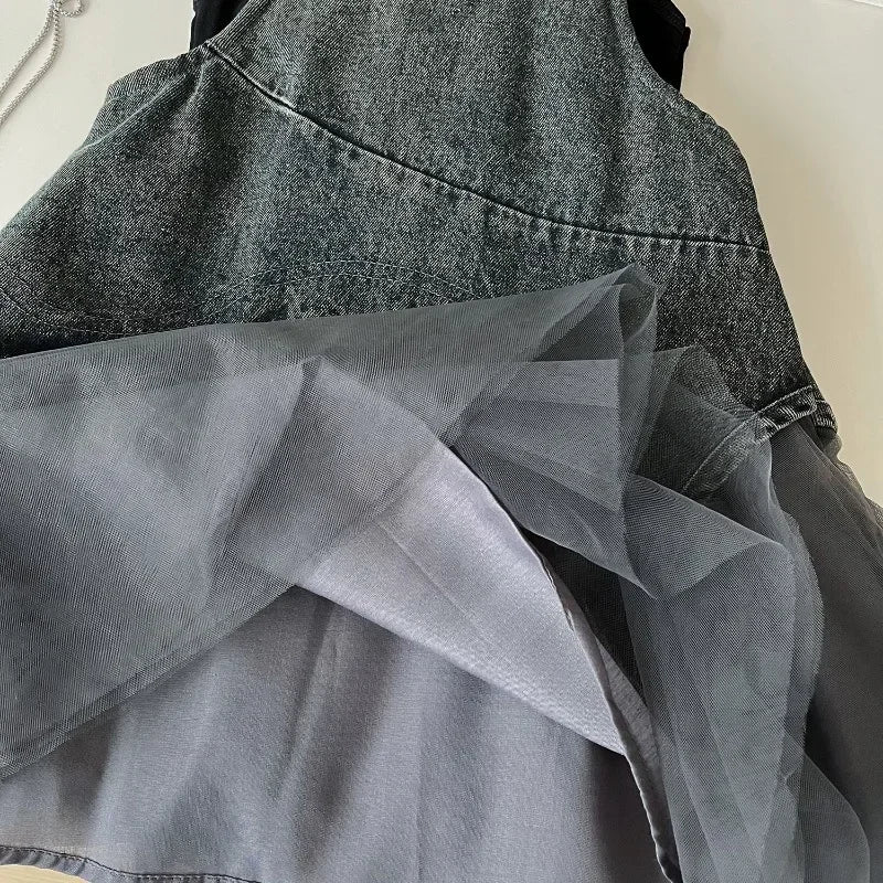 Girls' Sleeveless T-shirt & Denim Mesh Dress Set