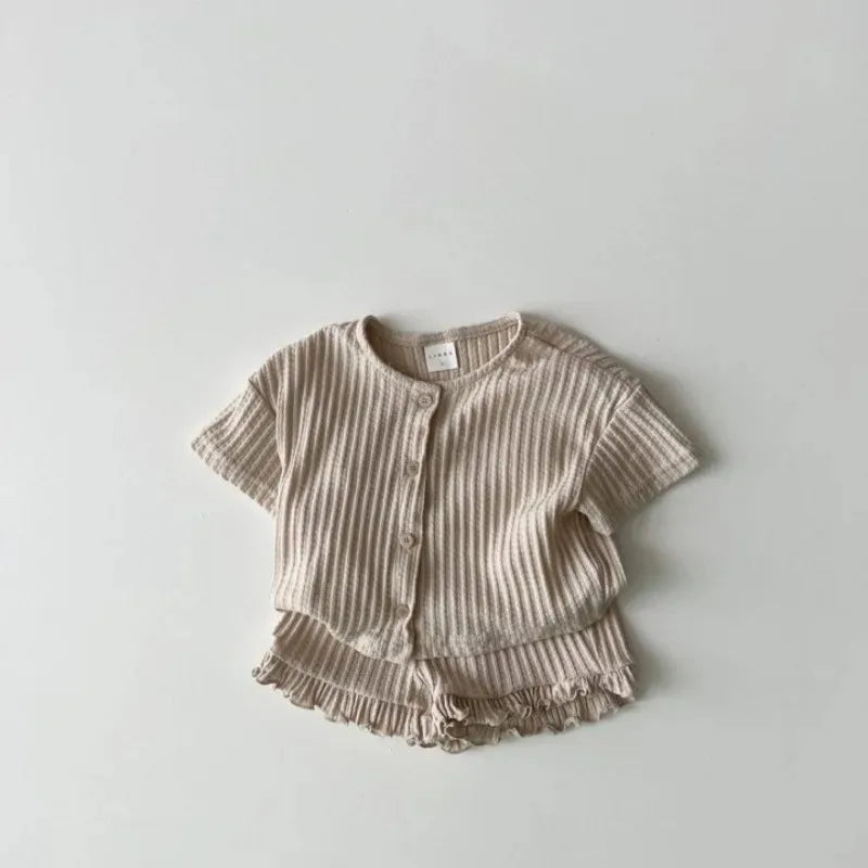 Lightweight Short-Sleeved Top & Ruffled Shorts Set