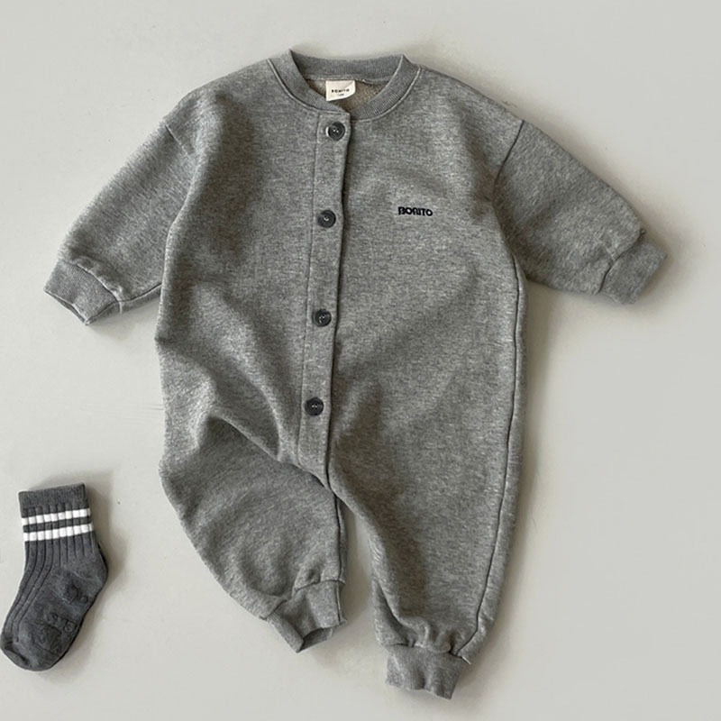 Solid Long-Sleeved Cotton Romper