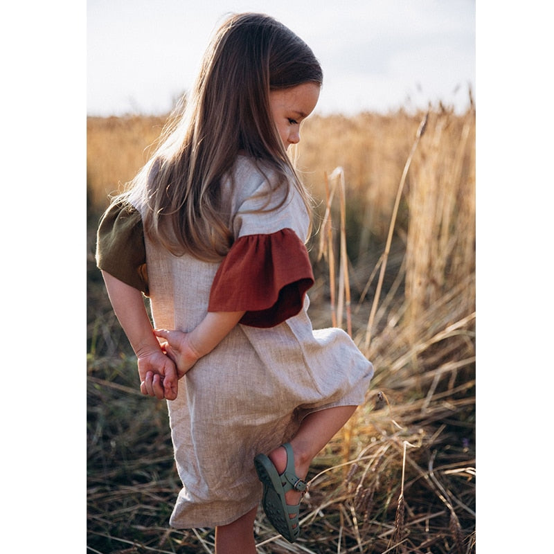 Girls Natural Linen Patchwork Outfit
