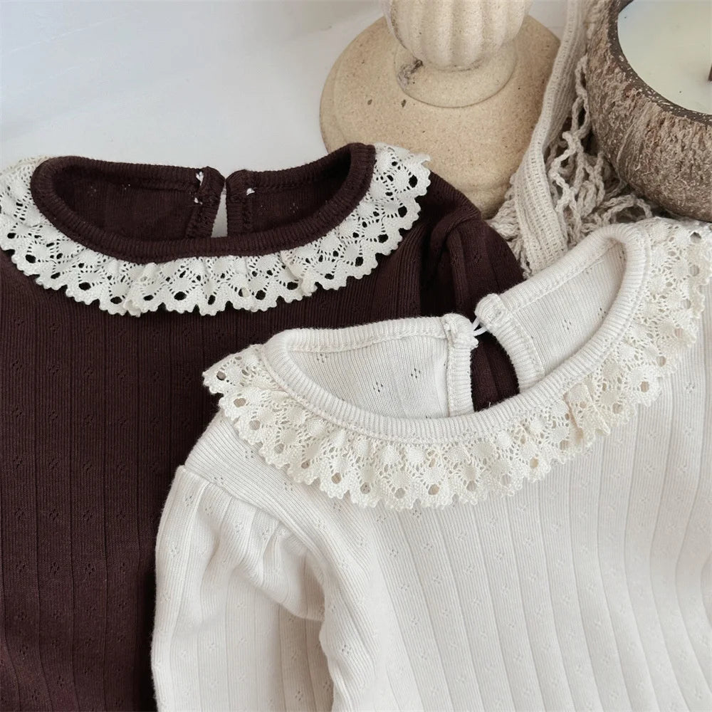 Lace Collar Ribbed Hollow Out Onesie