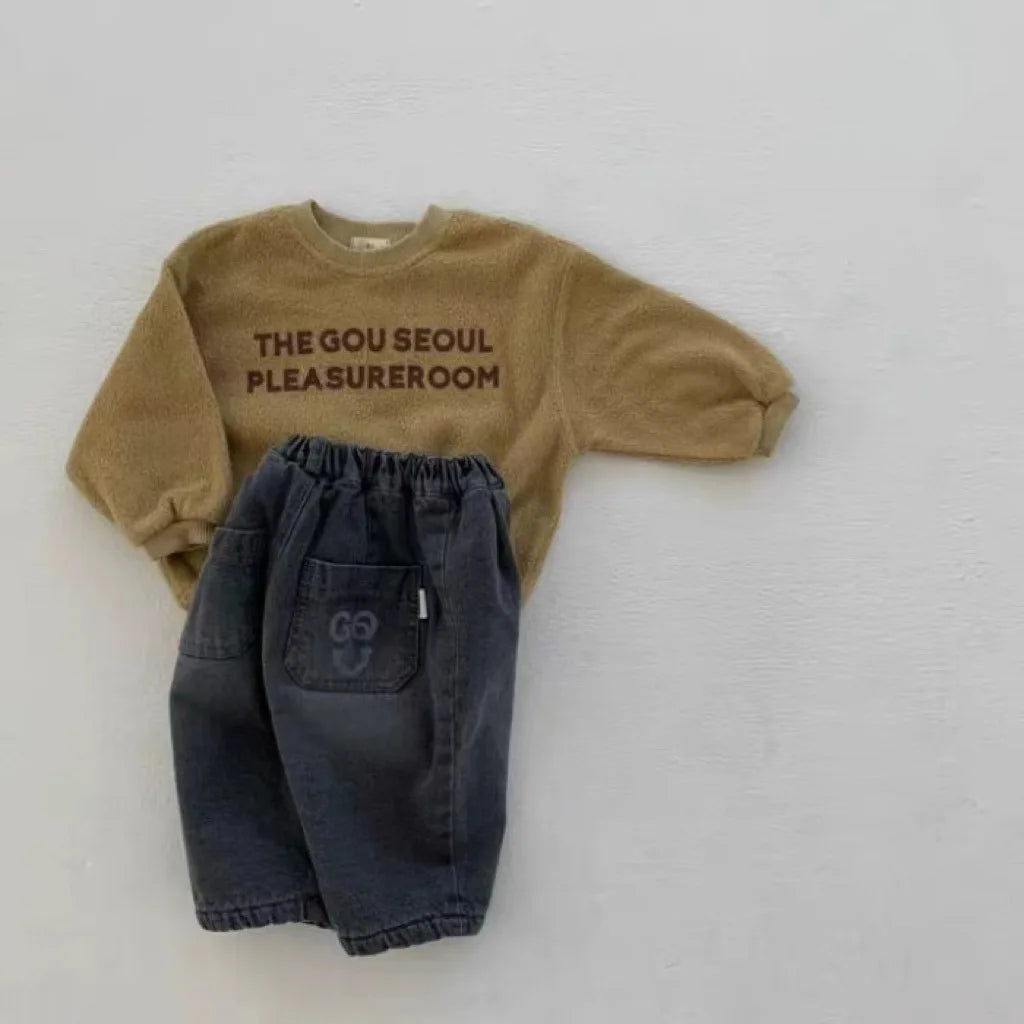 Thick Fleece Retro Denim Pants