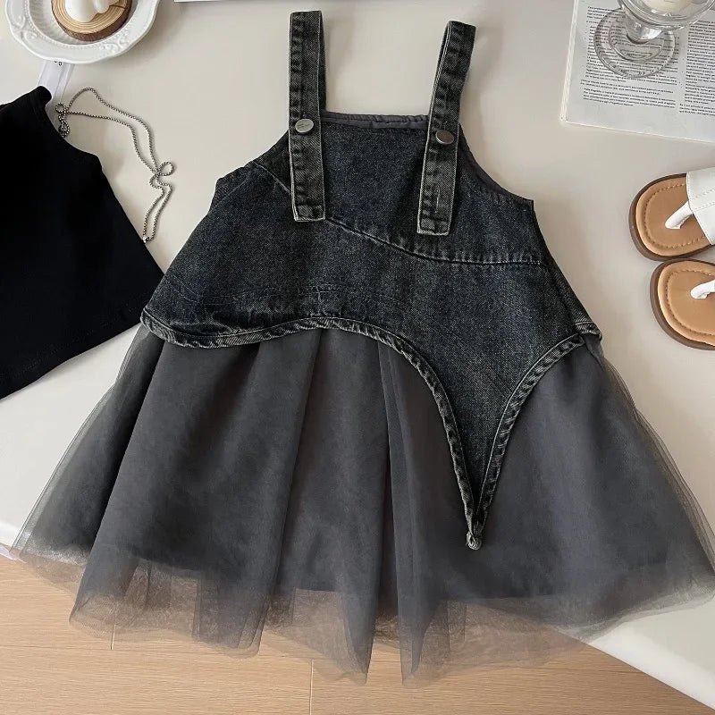 Girls' Sleeveless T-shirt & Denim Mesh Dress Set