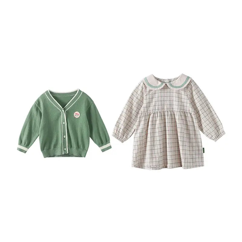Girls' Button-Down Cardigan & Plaid Dress Set