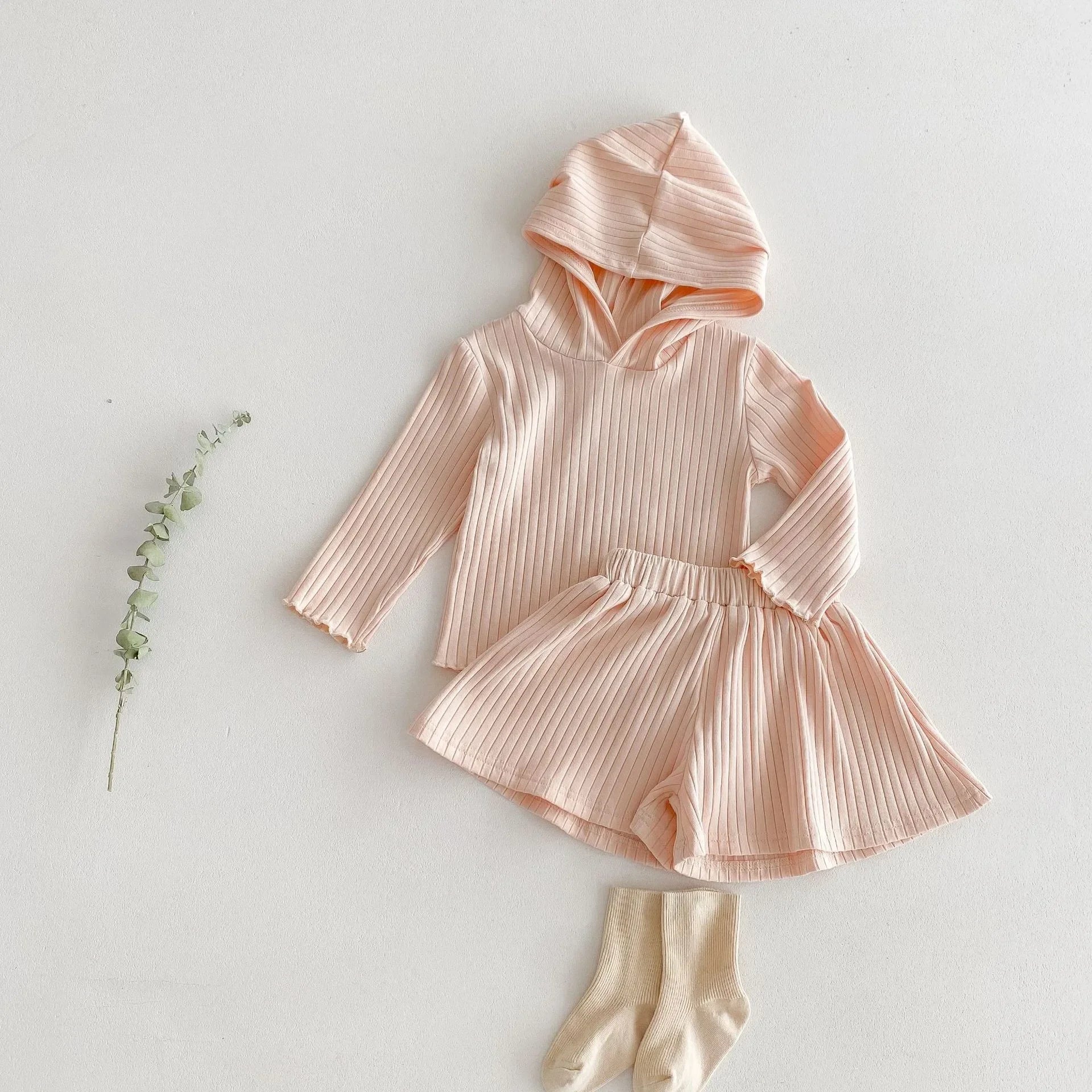 Long-Sleeved Solid Top Hoodie Top & Shorts Sets