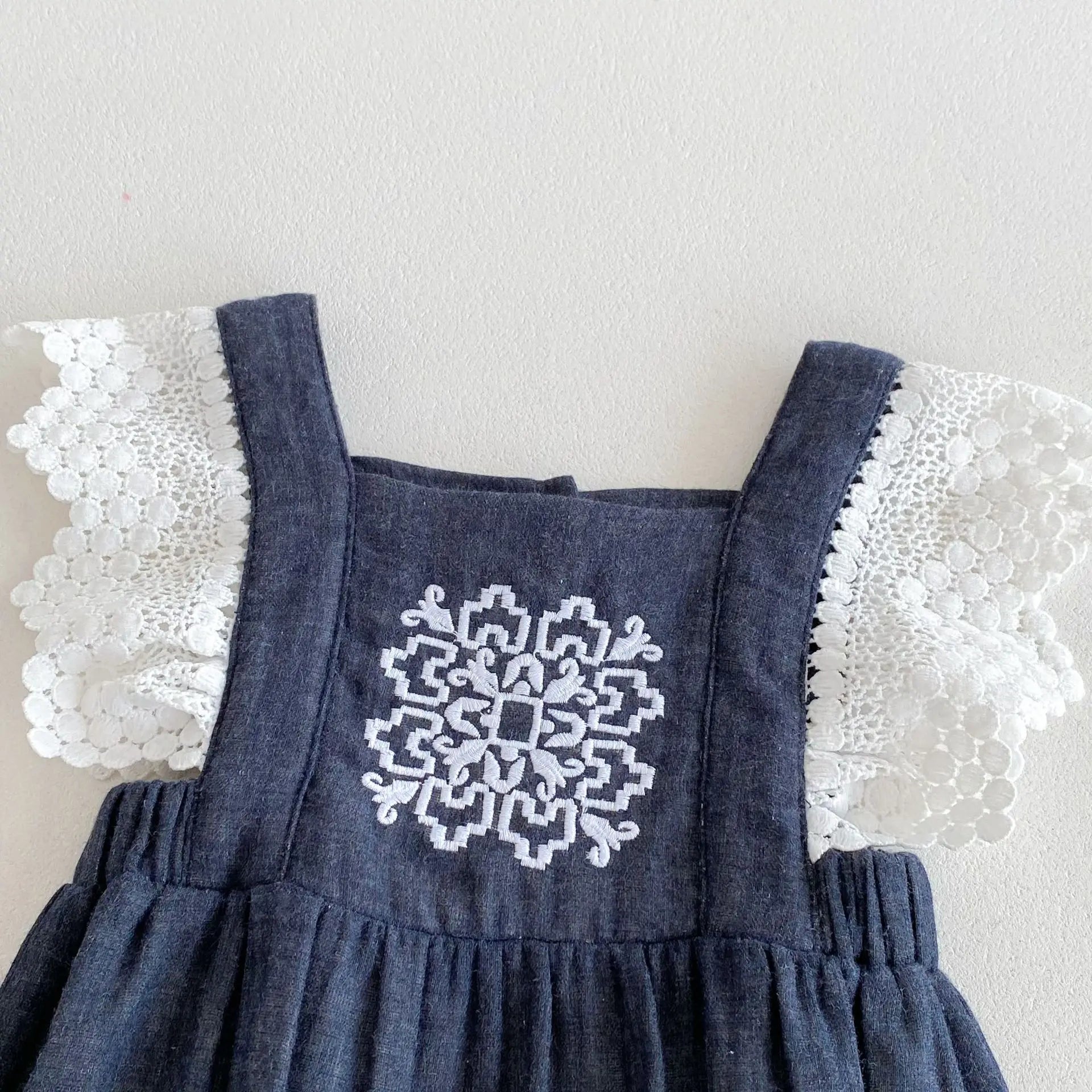 Embroidered Print Square Collar Romper & Dress Set
