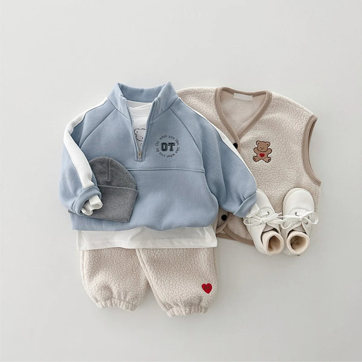 Cartoon Bear Fleece Vest & Pants Set