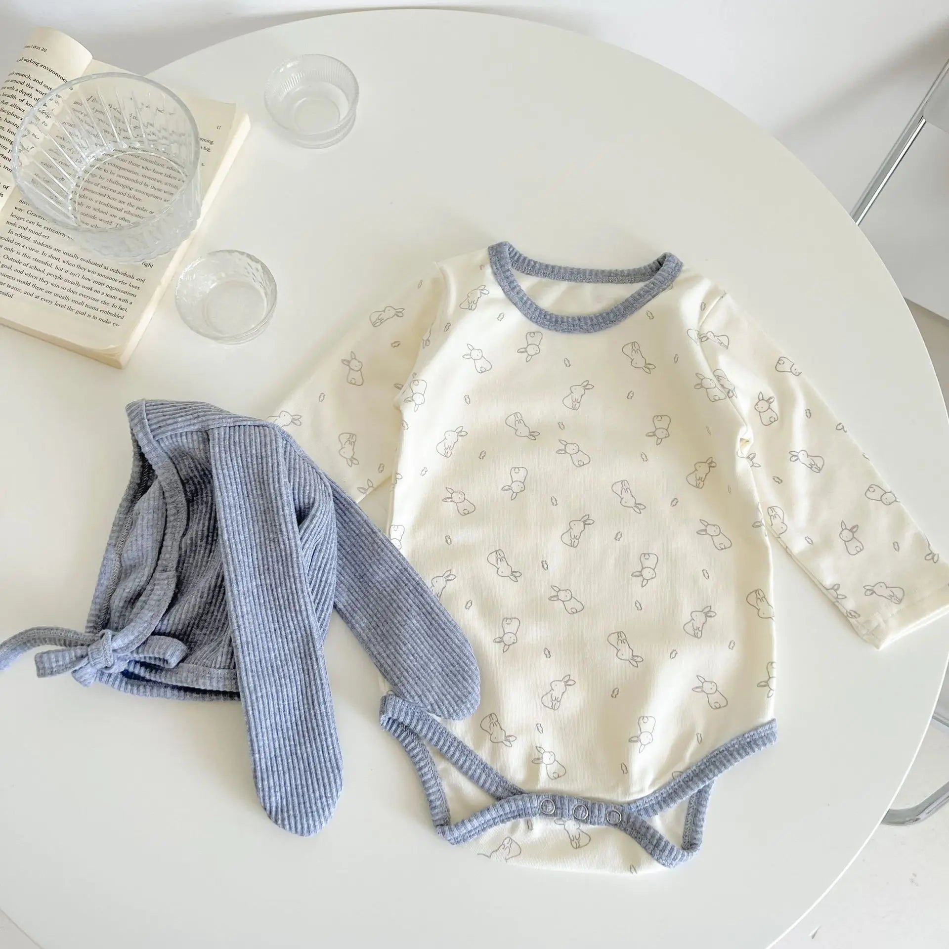 Long-Sleeved Print Romper & Bunny Ear Hat Set