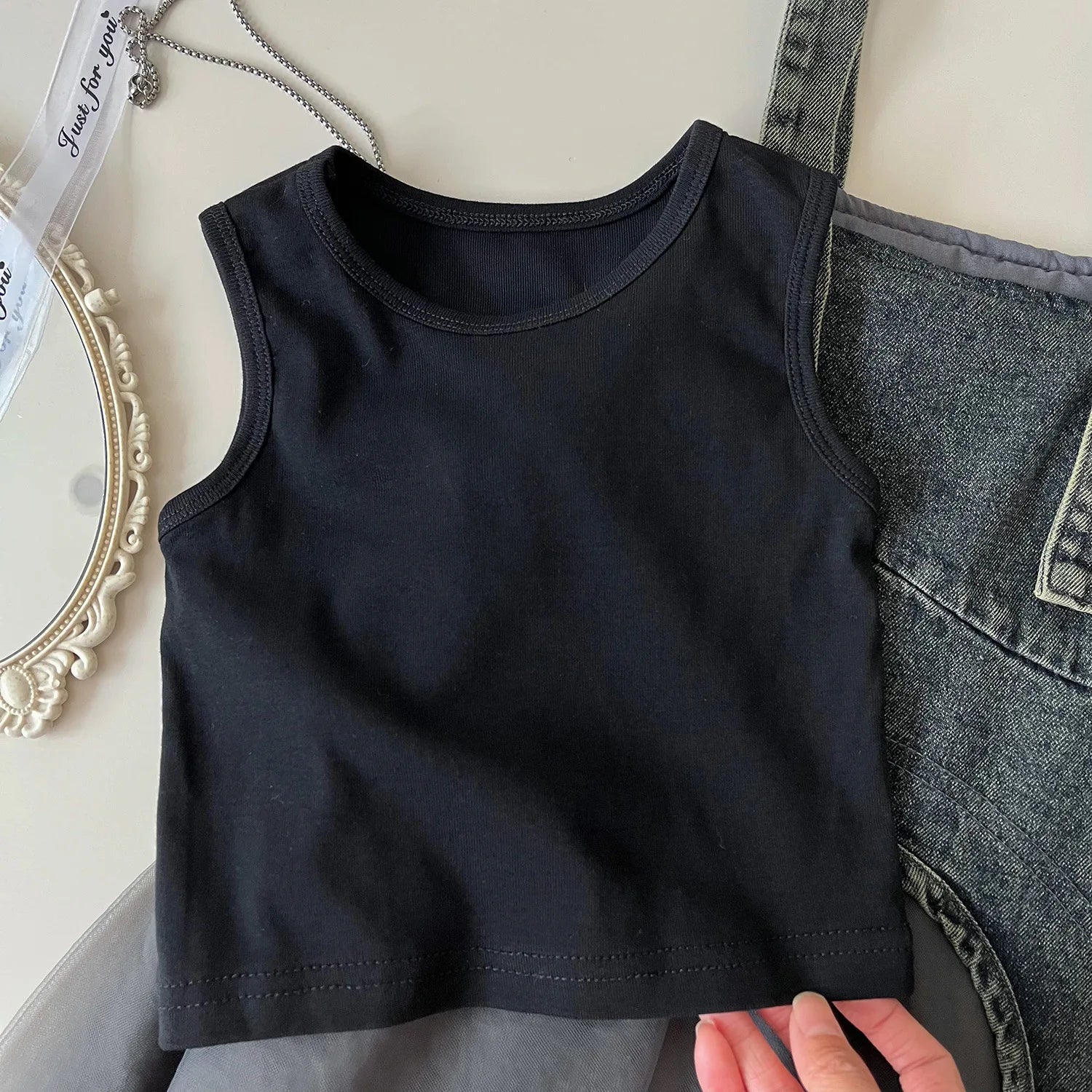 Girls' Sleeveless T-shirt & Denim Mesh Dress Set