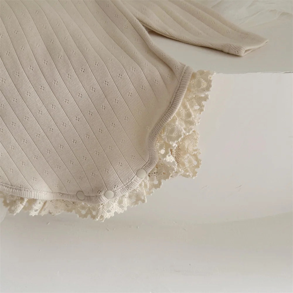 Lace Collar Ribbed Hollow Out Onesie