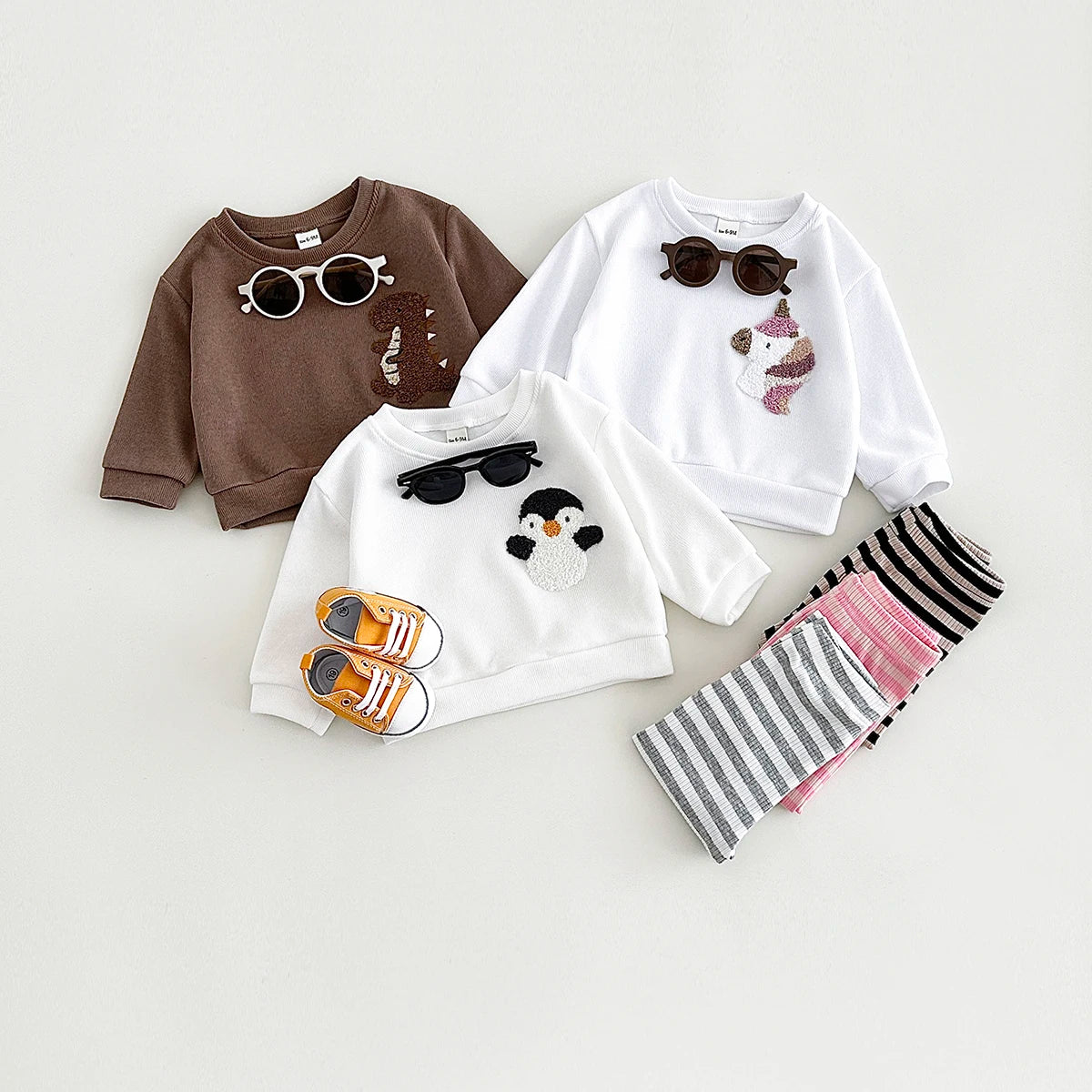 Embroidered Animal Print Top  & Stripped Leggings Set