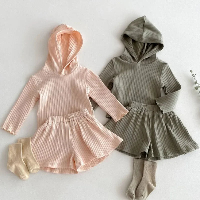 Long-Sleeved Solid Top Hoodie Top & Shorts Sets