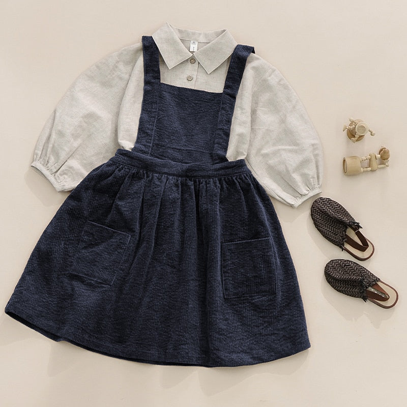 Girl's Retro Corduroy Strappy Dress
