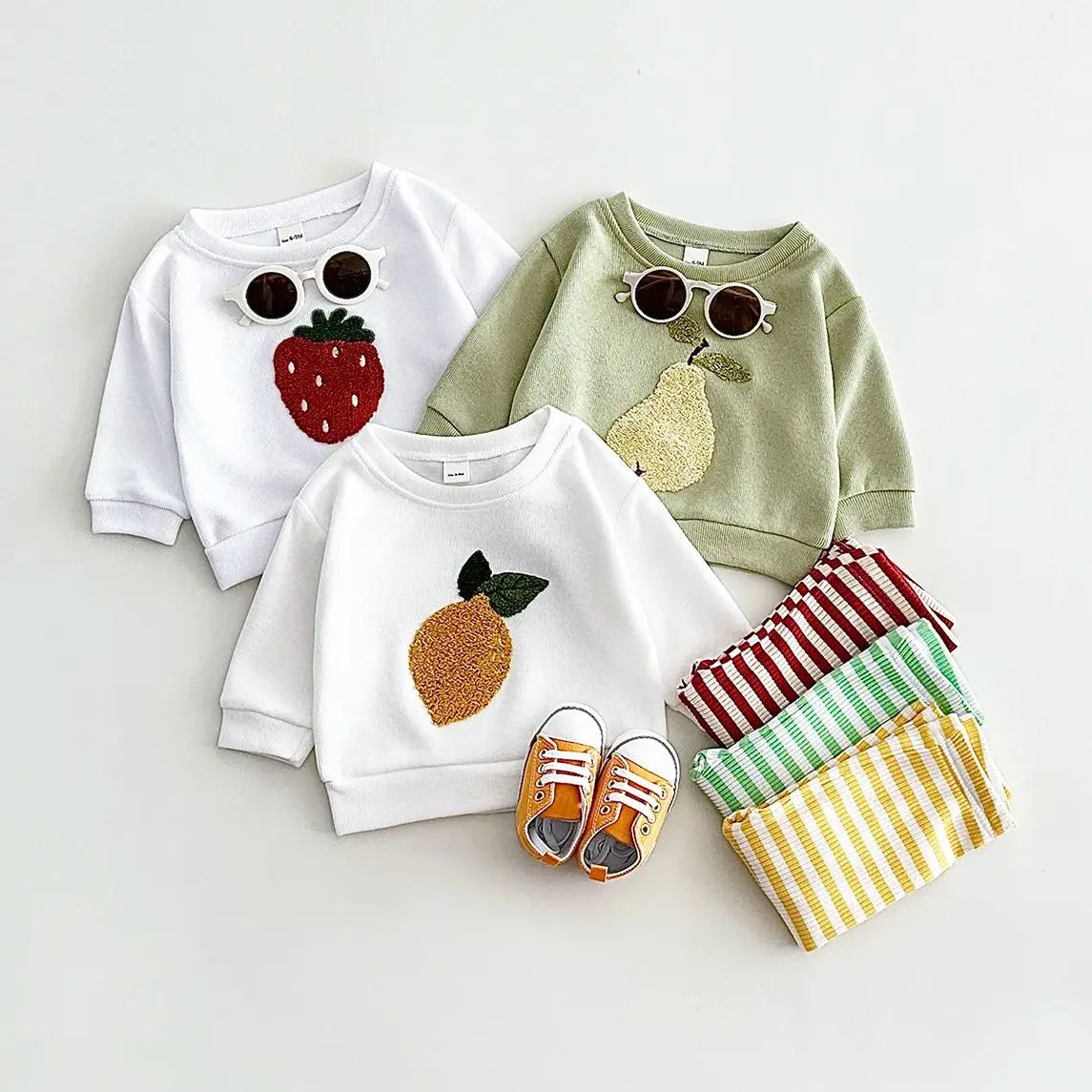 Plush Fruit Sweatshirt & Striped Leggings Set