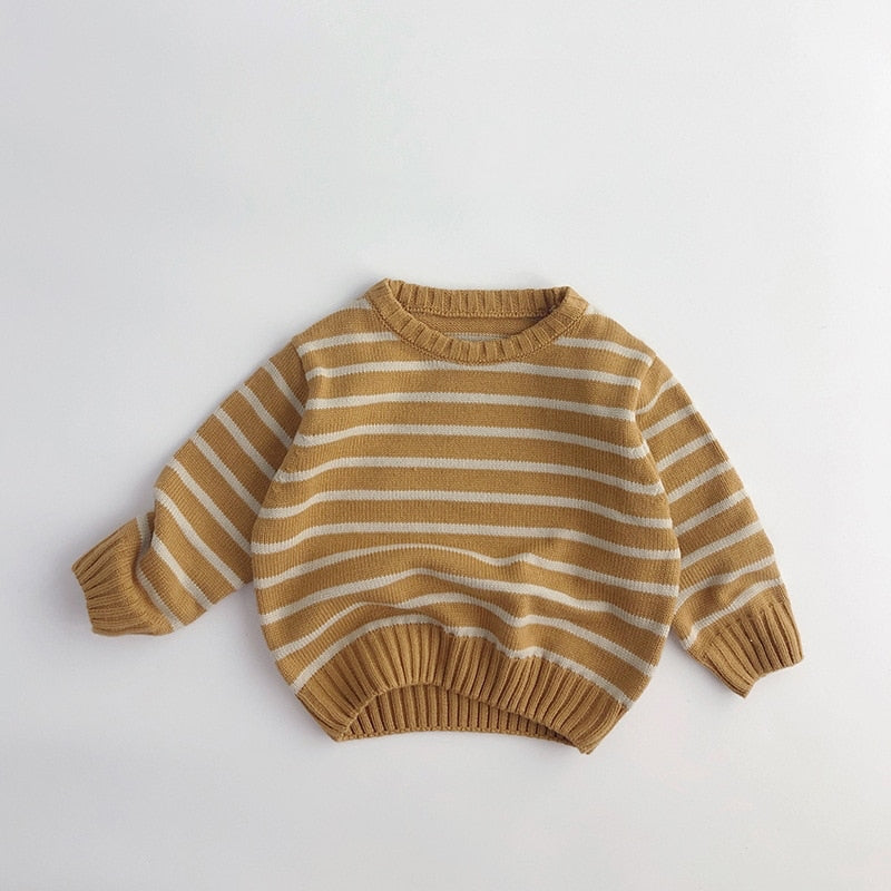 Unisex Kids' Casual Striped Long-Sleeved Knitted Cotton Pullover