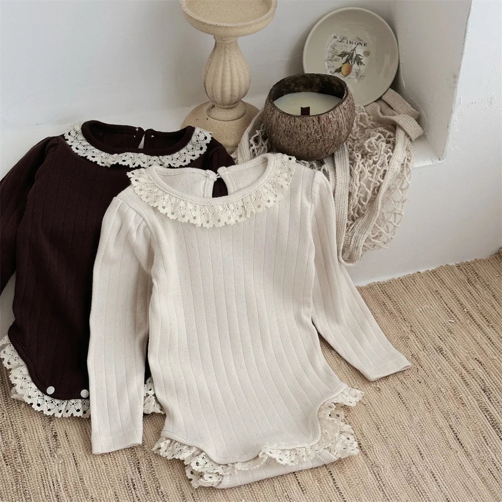 Lace Collar Ribbed Hollow Out Onesie