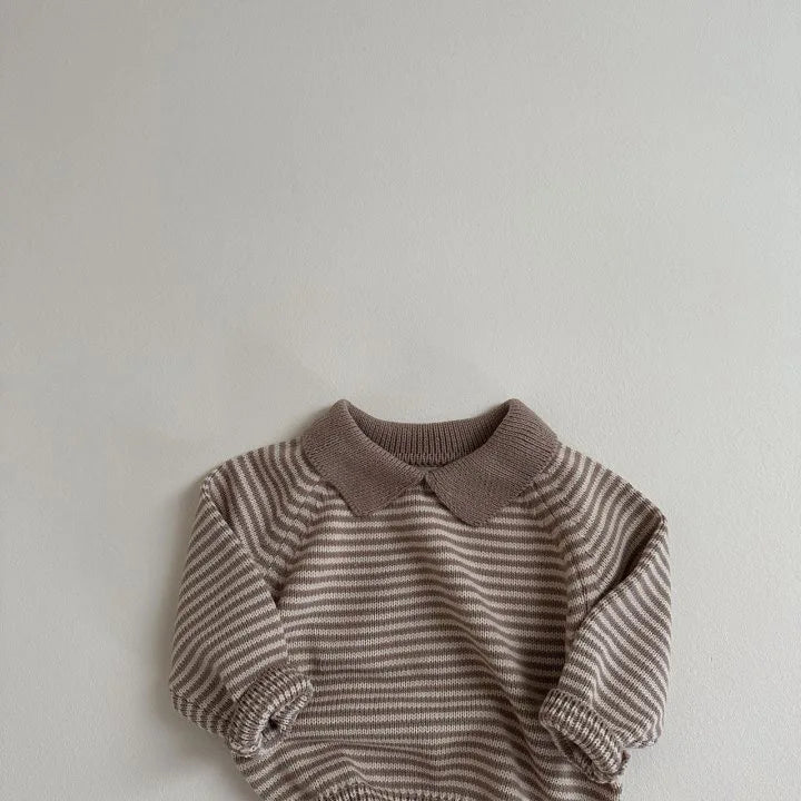 Lapel Striped Knit Sweater